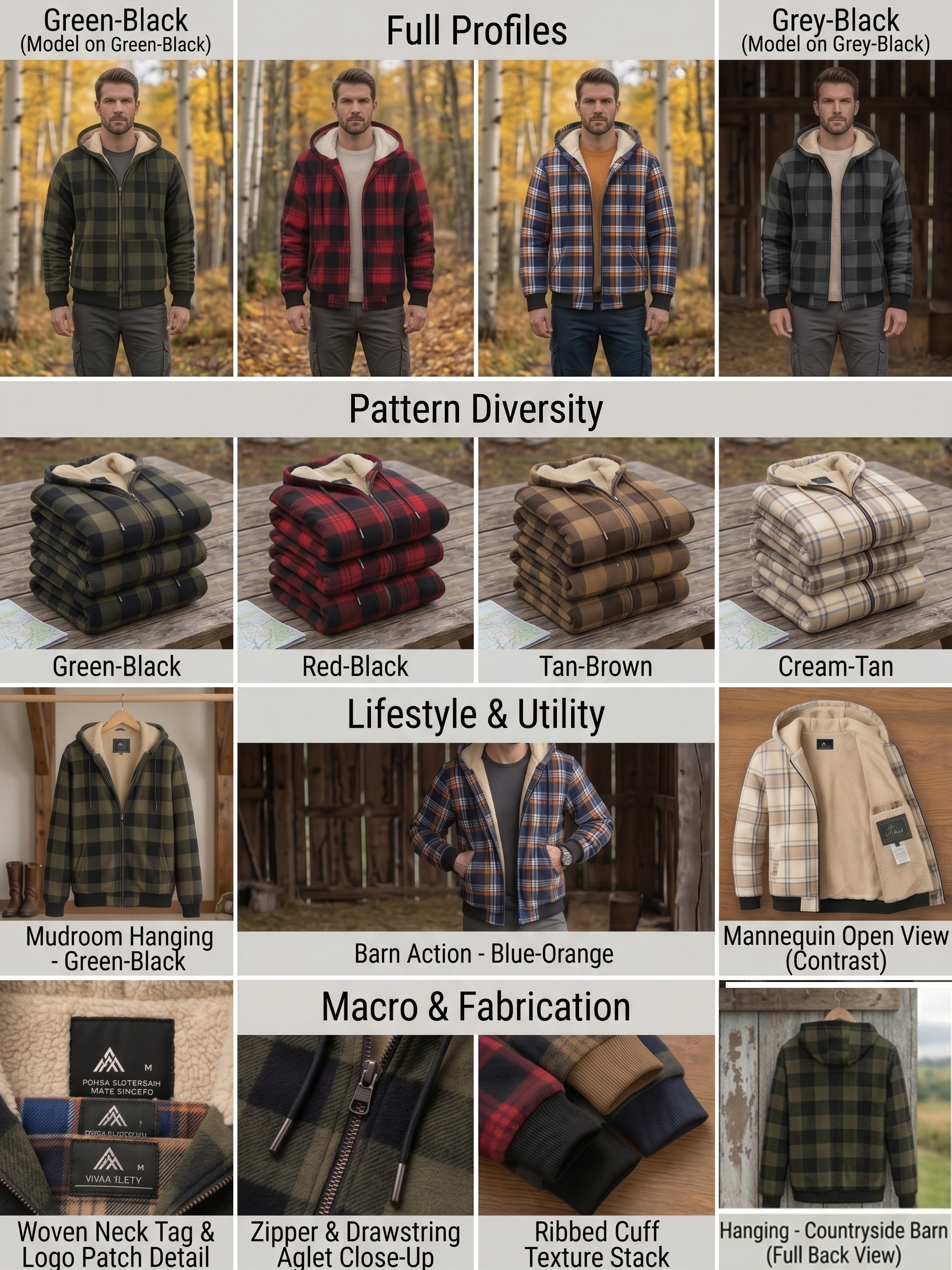 Men'S Heavyweight Fleece Hooded Jackets Thick Sherpa Lined Flannel Plaid Shirt with Full Zip 1 A collage grid showcasing different colors of men's plaid Fleece Hooded Jackets Thick Sherpa lining, featuring red, green, grey, tan, and blue patterns alongside close-up shots of zipper, cuffs, and inner lining details.