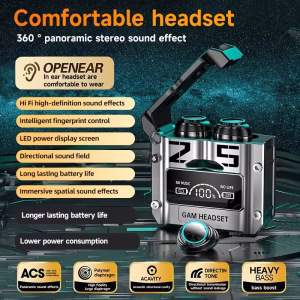 A high-resolution feature infographic for the slivery color TWS Wireless 5.3 Earbuds In-ear Headset, showcased against a futuristic, tech-oriented backdrop. The dynamic, robotic-style charging case is presented with its lid open, revealing two slivery color TWS Wireless 5.3 Earbuds In-ear Headset units. An integrated LED screen displays "GAM HEADSET" and "100%" power. The image documents advanced audio features: "360° panoramic stereo sound," "Hi Fi high-definition sound," "Intelligent fingerprint control," and specialized tech nodes like "ACS," "A CAVITY," and "HEAVY BASS" boost.