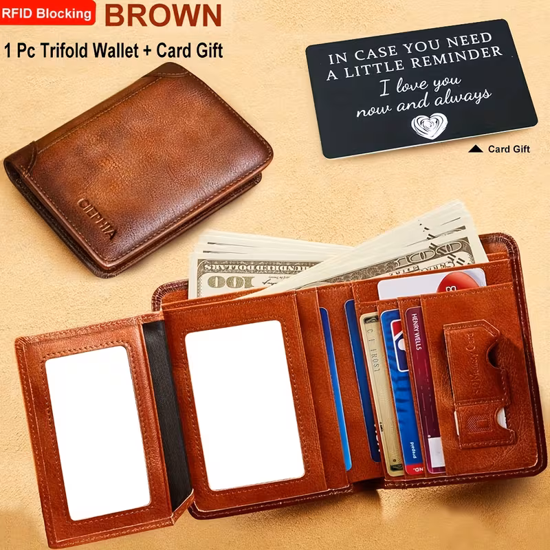 Slim Trifold RFID Leather Wallet - Father's Day Gifts for Men: Genuine Top Layer Cowhide Card Holder & Money Clip 12 An internal view of an open trifold brown color RFID Leather Wallet Father'S Day Gifts, featuring a triple-panel design with 9 card slots, multiple ID windows, and a dual-layer cash section holding US dollars.