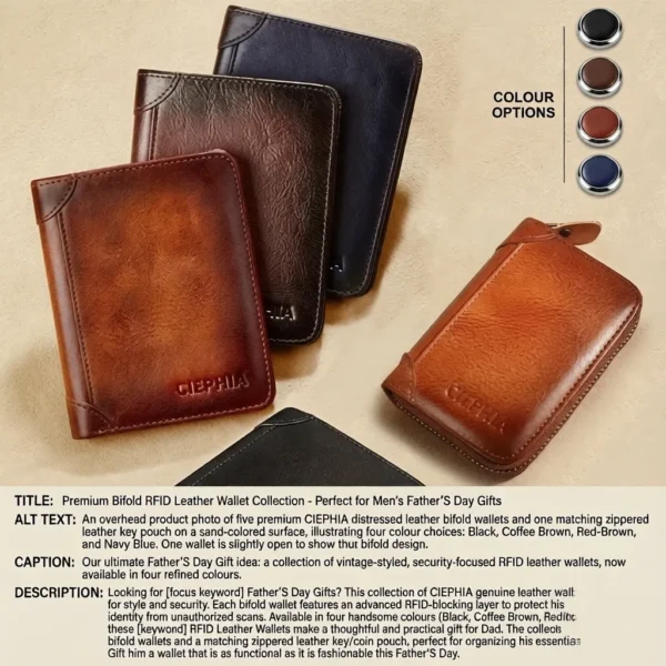 Slim Trifold RFID Leather Wallet - Father's Day Gifts for Men: Genuine Top Layer Cowhide Card Holder & Money Clip 17 A collection of CIEPHIA RFID Leather Wallet Father's Day Gifts in Black, Coffee, Red-Brown, and Navy Blue, featuring bifold designs and a matching zippered leather key case.