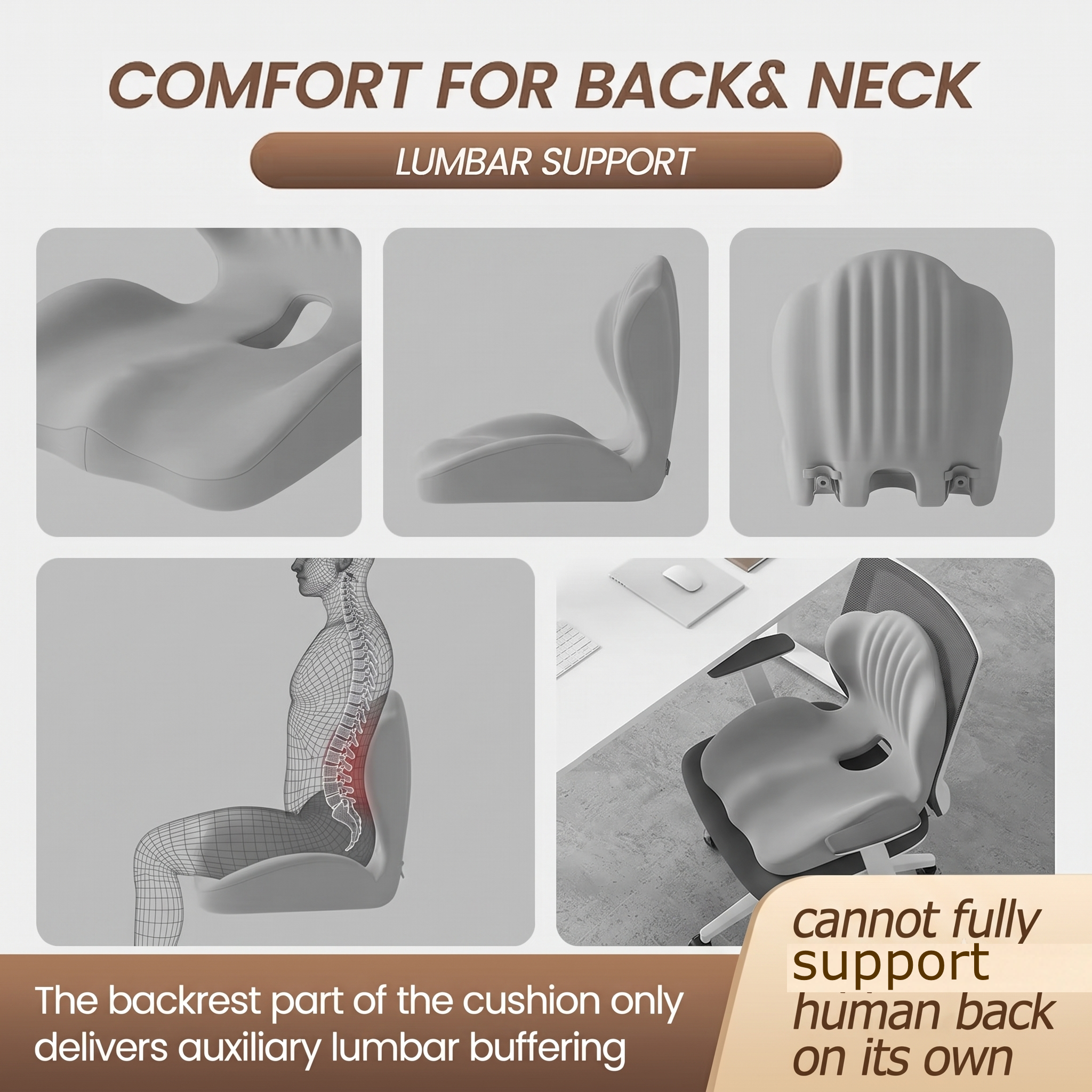 1pc Shell-Shaped Ergonomic Seat Cushion Soft Comfortable Chair Cushion For Office Chair, Car Seat And Home Use, Supportive Design For Daily And Long Hours Sitting 10 A multi-panel product graphic showing various angles, a wireframe posture illustration, and an office setup of the pure gray color Seat Cushion Soft Comfortable Chair.