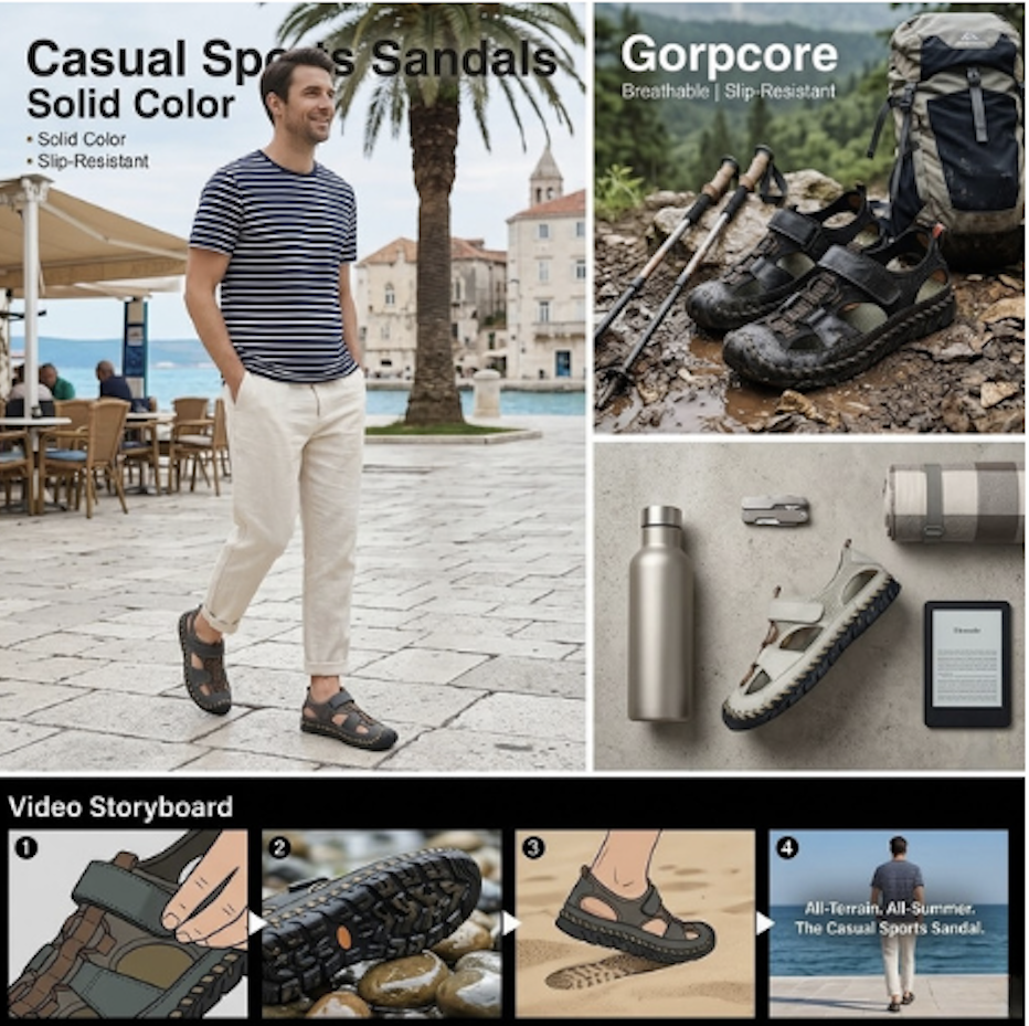 All-Terrain Casual Sports Sandals: Solid Color, Slip-Resistant Rubber Sole & Breathable Fiber Upper 18 A pair of men's blue and grey closed-toe Casual Sports Sandals Solid Color standing upright on a grey textured surface. The sandals have adjustable heel and top straps, mesh panels, and thick, lugged rubber soles.