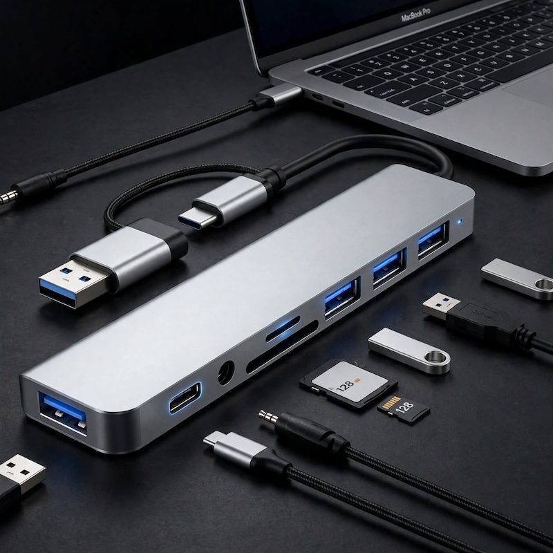 exclusive 1 8-In-1 USB C Hub with Audio Jack | Compatible with Tablets, USB Powered, 5V Operating Voltage 7 Professional studio product photography of the 8-In-1 USB C Hub with Audio Jack paired with a MacBook Pro and connected flash drives.