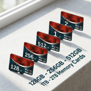 128GB-256GB-512GB-1TB-2TB Memory card Five micro memory cards with red and blue honeycomb patterns arranged in a neat diagonal row on a white stone edge, showing storage capacities of 128GB, 256GB, 512GB, 1TB, and 2TB with V60 and A2 performance logos.
