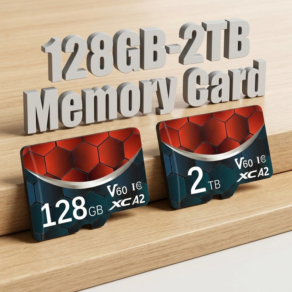 Ultimate Gaming Expansion:128GB-256GB-512GB-1TB-2TB Memory Card Memory Card Micro SDXC | V30 Class 10 High-Speed TF Card for Nintendo Switch & Consoles 3 128GB-256GB-512GB-1TB-2TB Memory card Two micro memory cards with red and blue honeycomb patterns showing 128GB and 2TB capacities resting on a wooden step in front of large three dimensional grey text that reads 128GB 2TB Memory Card.
