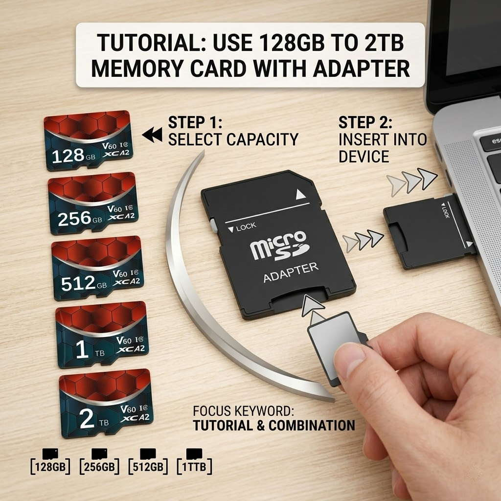 Ultimate Gaming Expansion:128GB-256GB-512GB-1TB-2TB Memory Card Memory Card Micro SDXC | V30 Class 10 High-Speed TF Card for Nintendo Switch & Consoles 14 A multi panel graphic showcasing a high performance memory card series from 128GB up to 2TB capacity. One section features a step by step tutorial demonstrating how to slide a micro card into a black SD adapter and plug it into a laptop. Other sections highlight durability features like water resistance and show direct compatibility with smartphones, drones, security cameras, and laptops.