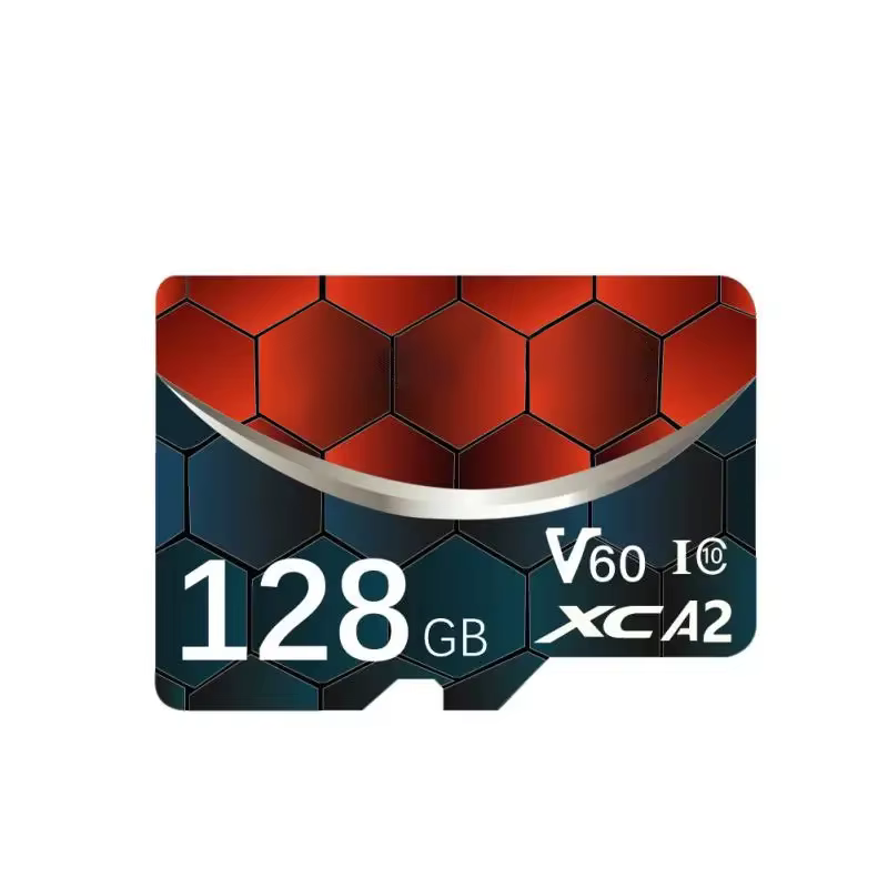 Ultimate Gaming Expansion:128GB-256GB-512GB-1TB-2TB Memory Card Memory Card Micro SDXC | V30 Class 10 High-Speed TF Card for Nintendo Switch & Consoles 6 A close up studio shot of a 125GB micro memory card featuring a red and blue honeycomb armor design with white text displaying V60 video class and A2 app performance ratings.