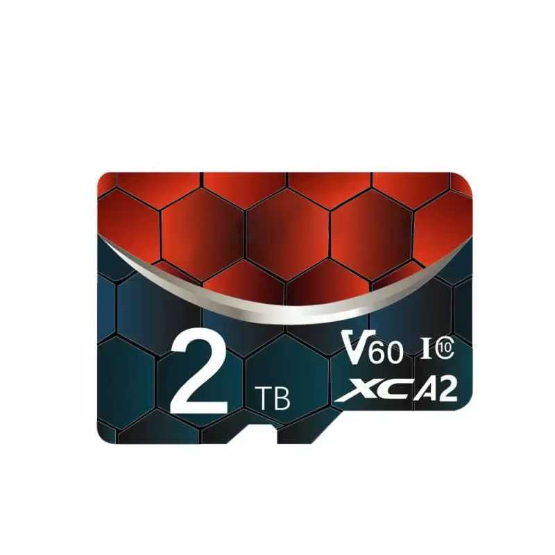 Ultimate Gaming Expansion:128GB-256GB-512GB-1TB-2TB Memory Card Memory Card Micro SDXC | V30 Class 10 High-Speed TF Card for Nintendo Switch & Consoles 5 A close up studio shot of a 2TB micro memory card featuring a red and blue honeycomb armor design with white text displaying V60 video class and A2 app performance ratings.