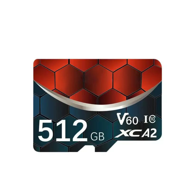 Ultimate Gaming Expansion:128GB-256GB-512GB-1TB-2TB Memory Card Memory Card Micro SDXC | V30 Class 10 High-Speed TF Card for Nintendo Switch & Consoles 8 A 512GB memory card with a red and blue honeycomb design inserted into a high-tech circuit board slot, featuring glowing digital holographic data icons for 4K UHD video, A2 app performance, and V60 video speed class.