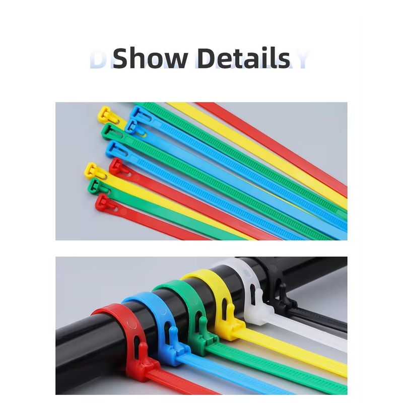 reliable 20-Pack Heavy Duty Plastic Reusable Cable Zip Ties | Multi-Size Set (200mm-450mm) | Industrial Grade Releasable Nylon Bundling Straps 19 Six Plastic Reusable Cable Zip Ties in green, blue, red, yellow, white, and black colors, arranged in a row to show their adjustable locking heads and release levers.