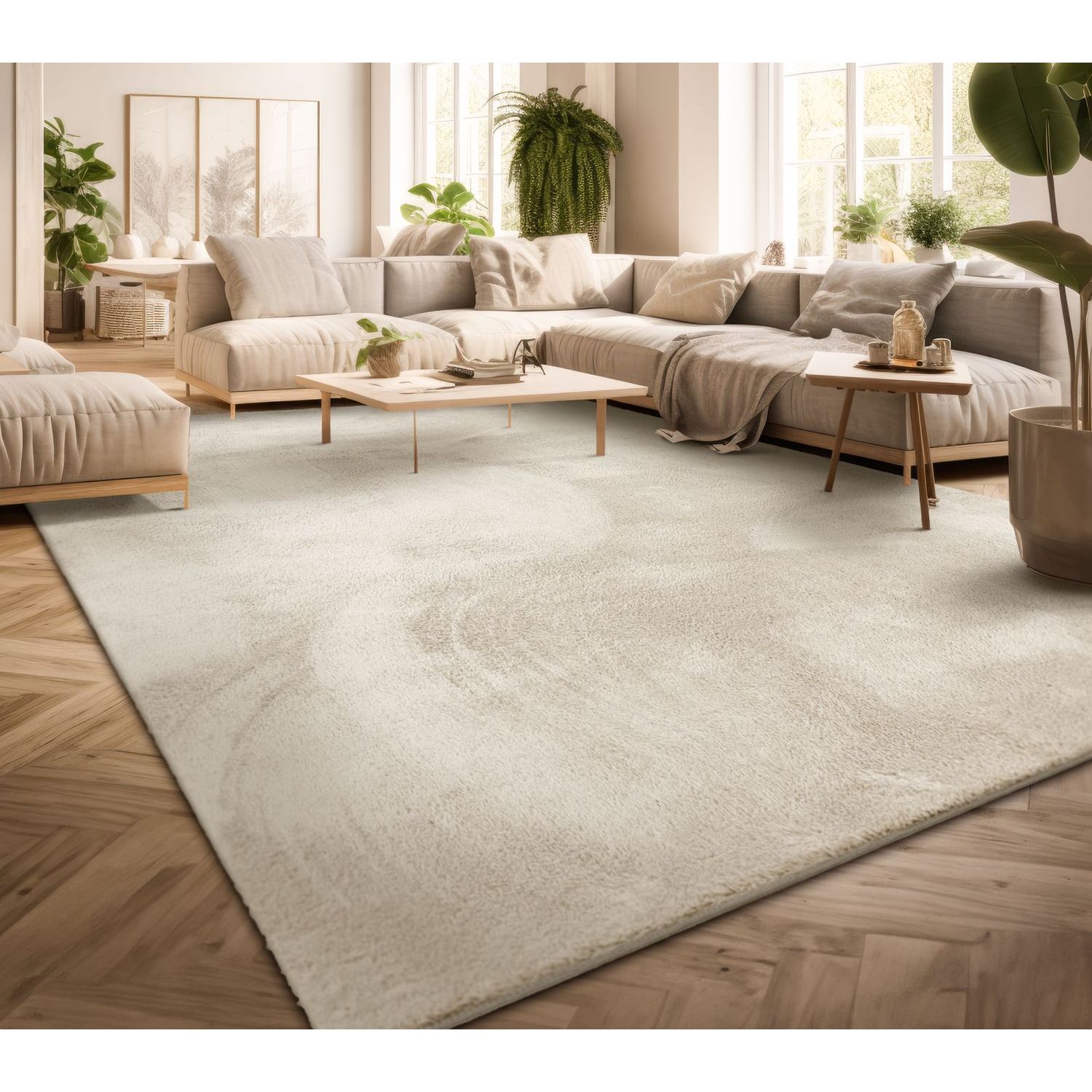exclusive Modern Living Room Rug – Washable Short Pile Area Rug | Stain-Resistant & Non-Slip Premium Polyester 12 A large, soft creme modern living room rug spread across a light-toned wood herringbone floor, paired with a contemporary cream modular sofa and minimalist wooden coffee tables in a sunlit interior decorated with green houseplants.