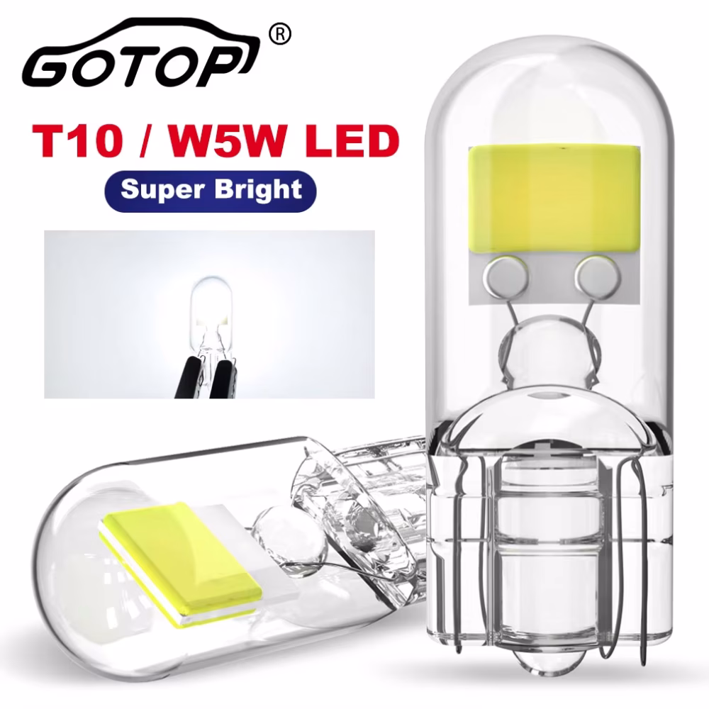 GOTOP brand T10 W5W LED Car Interior Map Dome Lights product display. Features a high resolution 3D model of two transparent glass capsule bulbs with bright yellow chips, alongside an inset photo showing the bulb illuminated with bright white light.