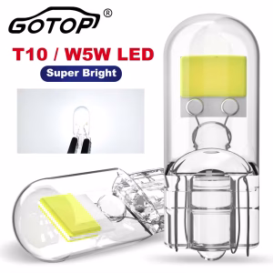 GOTOP brand T10 W5W LED Car Interior Map Dome Lights product display. Features a high resolution 3D model of two transparent glass capsule bulbs with bright yellow chips, alongside an inset photo showing the bulb illuminated with bright white light.