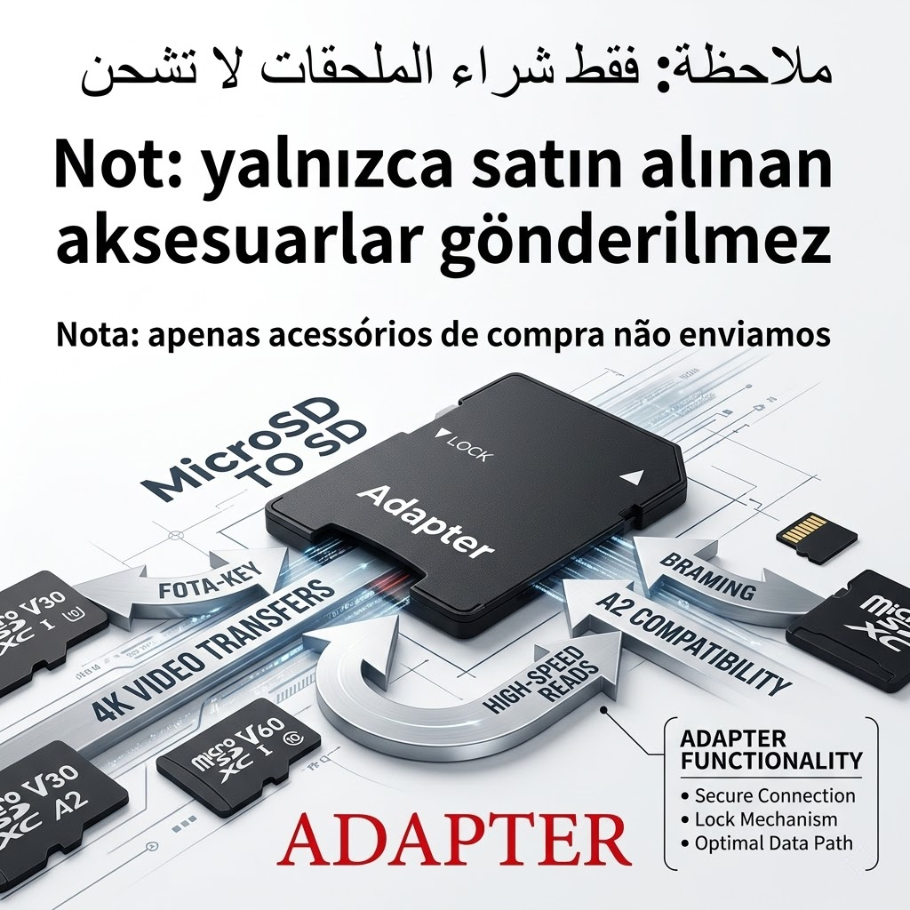 Ultimate Gaming Expansion:128GB-256GB-512GB-1TB-2TB Memory Card Memory Card Micro SDXC | V30 Class 10 High-Speed TF Card for Nintendo Switch & Consoles 16 Two informational product graphics for a black MicroSD to SD card adapter. The first graphic shows a high tech 3D diagram explaining adapter functionality like high speed reads and 4K video transfers. The second graphic displays the standalone adapter shell with a bold red warning label at the bottom reading NO Memory Card. Both images feature multilingual text at the top in Arabic, Turkish, and Portuguese explaining shipping rules for accessories.