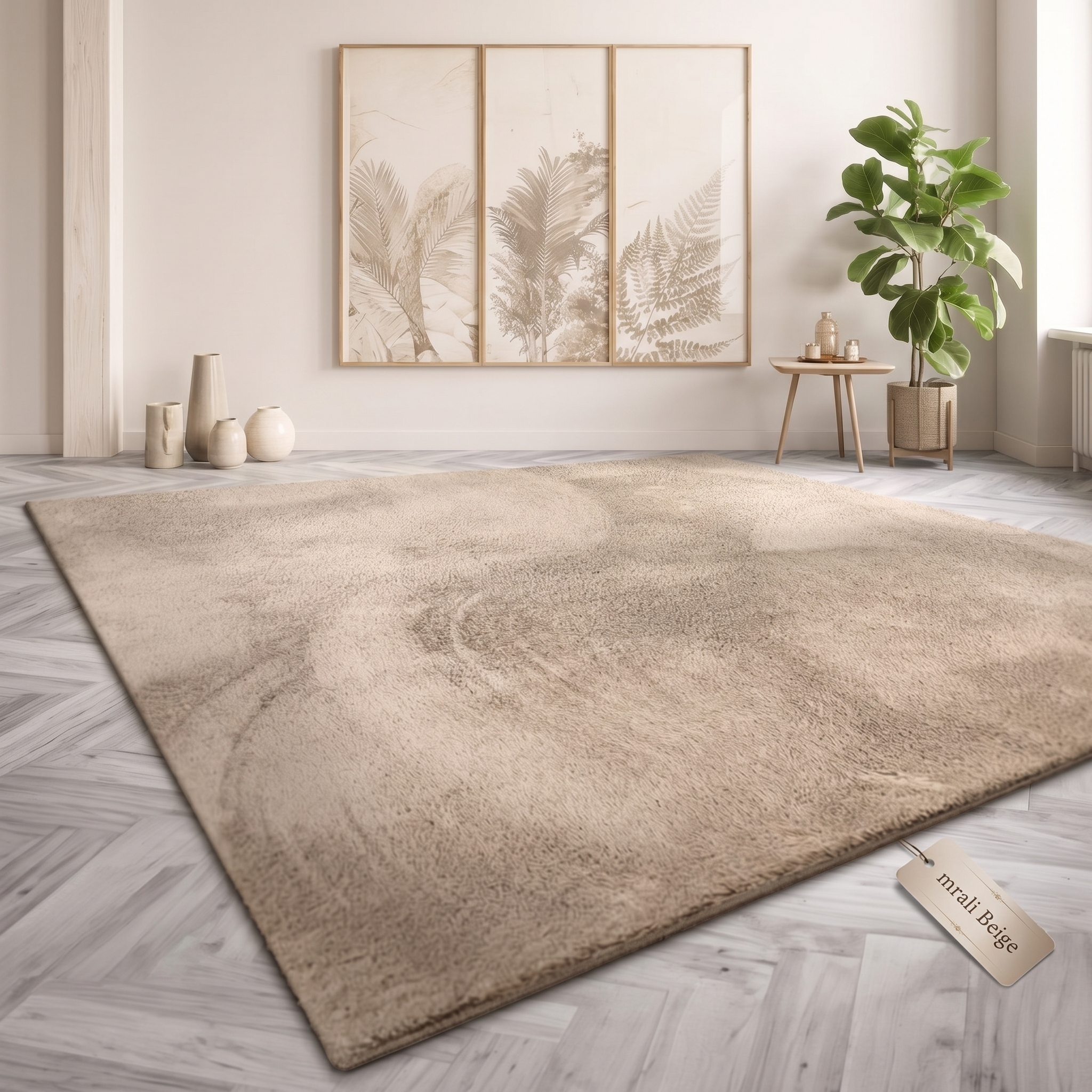 exclusive Modern Living Room Rug – Washable Short Pile Area Rug | Stain-Resistant & Non-Slip Premium Polyester 15 A large, plush beige modern living room rug laid on a gray herringbone wood floor, situated in a brightly lit room featuring a warm cream-colored sectional sofa, minimalist wooden accent tables, and thriving indoor houseplants.
