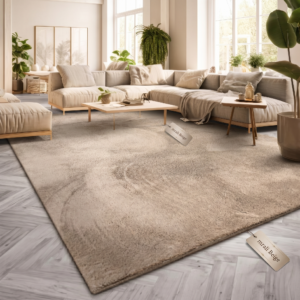 A large, plush beige modern living room rug laid on a gray herringbone wood floor, situated in a brightly lit room featuring a warm cream-colored sectional sofa, minimalist wooden accent tables, and thriving indoor houseplants.