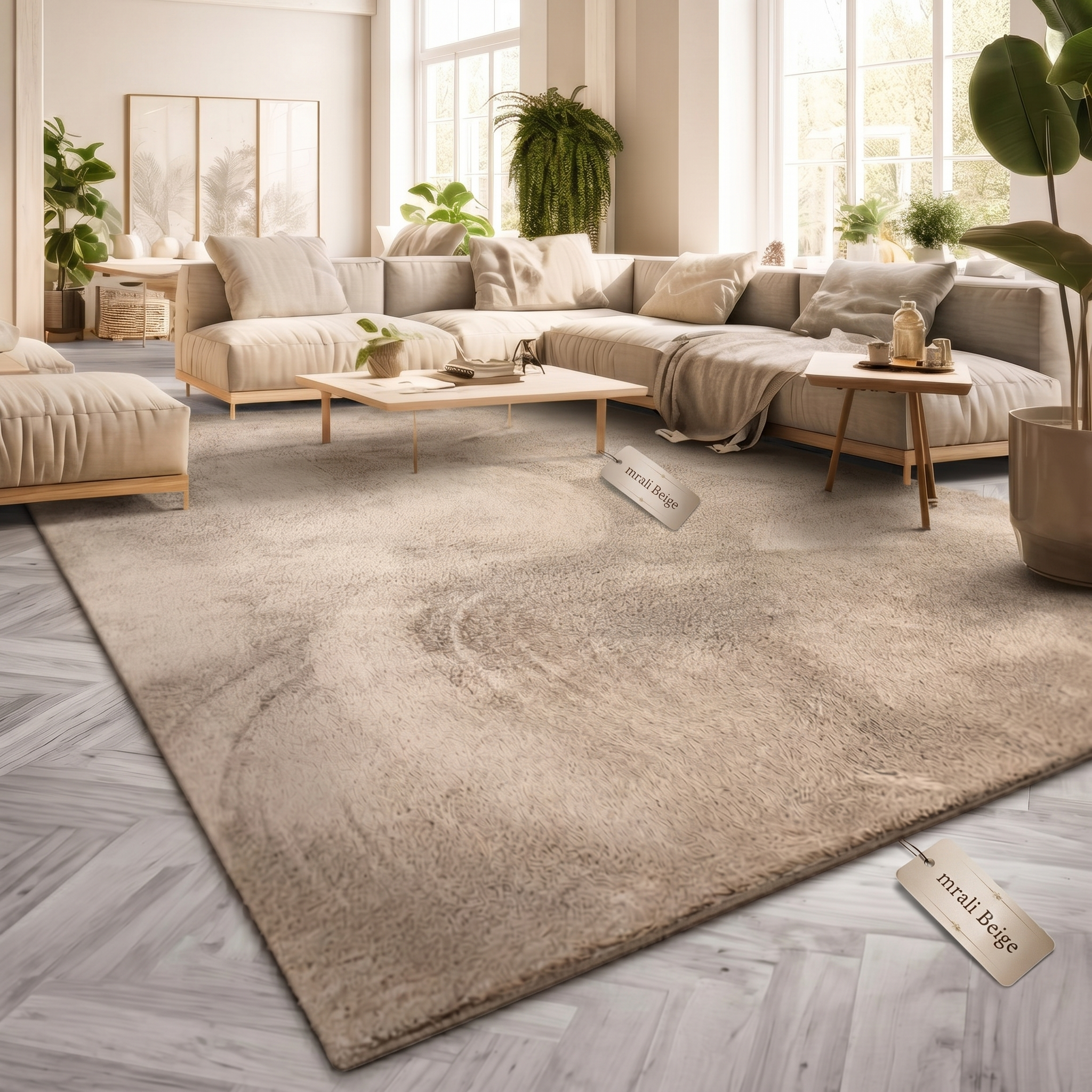 exclusive Modern Living Room Rug – Washable Short Pile Area Rug | Stain-Resistant & Non-Slip Premium Polyester 1 A large, plush beige modern living room rug laid on a gray herringbone wood floor, situated in a brightly lit room featuring a warm cream-colored sectional sofa, minimalist wooden accent tables, and thriving indoor houseplants.