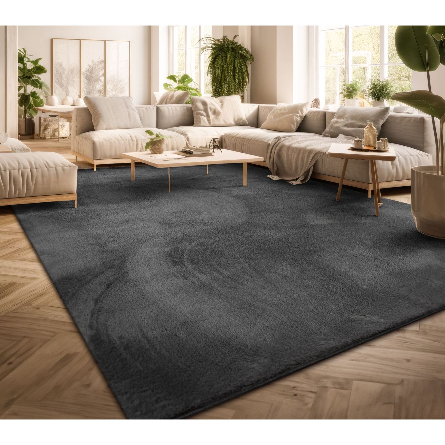 exclusive Modern Living Room Rug – Washable Short Pile Area Rug | Stain-Resistant & Non-Slip Premium Polyester 14 A large, plush anthracite gray living room rug spread across a light herringbone wood floor, centered beneath a contemporary cream-colored sectional sofa and minimalist wooden coffee tables in a bright, modern living room filled with houseplants.