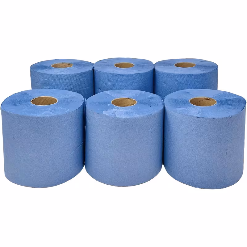 6 x Centrefeed Blue Rolls | 2 Ply Embossed Paper Towels | 110m | Strong & Absorbent | Perfect for Commercial & Kitchen Use Cleaning 5 A commercial pack of six blue centerfeed paper towels rolls arranged neatly in two rows of three on a clean white background.