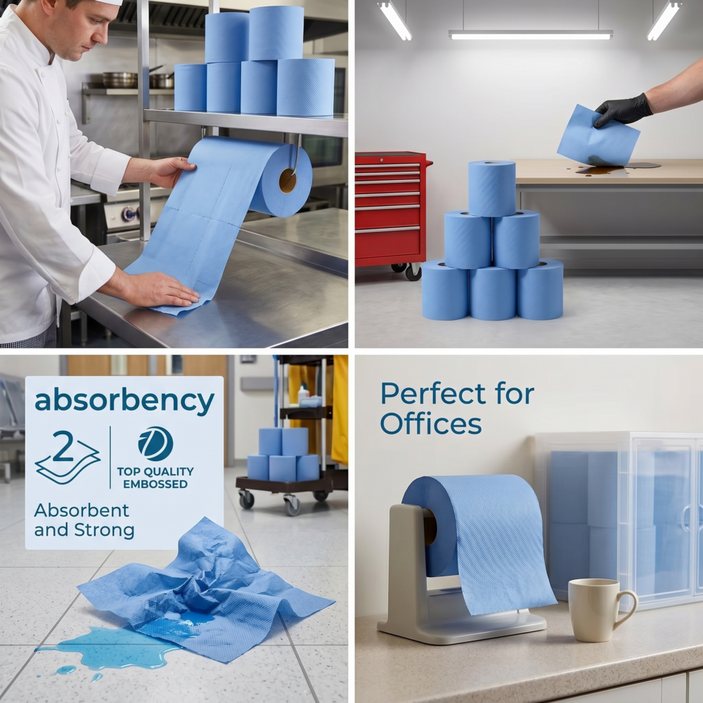 6 x Centrefeed Blue Rolls | 2 Ply Embossed Paper Towels | 110m | Strong & Absorbent | Perfect for Commercial & Kitchen Use Cleaning 3 paper towels A four-quadrant graphic illustrating various ways to use blue hygiene rolls. Top-left shows a chef tearing a towel, top-right a mechanic, bottom-left highlights high absorbency, and bottom-right displays a table-top dispenser perfect for office use.