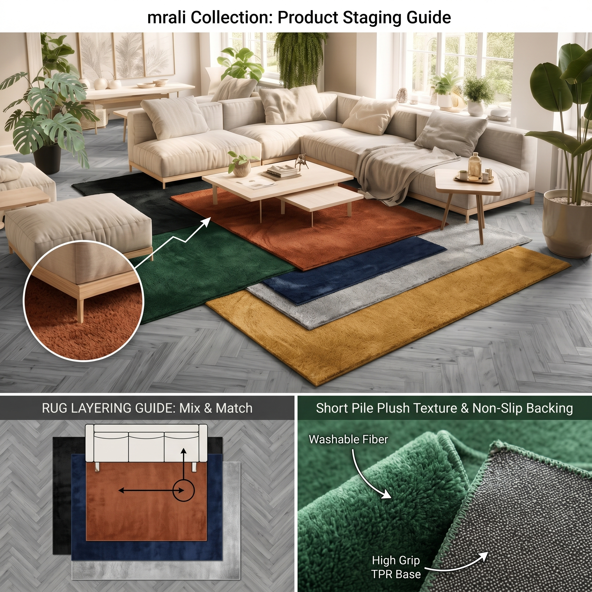 exclusive Modern Living Room Rug – Washable Short Pile Area Rug | Stain-Resistant & Non-Slip Premium Polyester 17 An informational product infographic showing a modern living room split into two primary staging examples where various colorful area rugs are layered under a cream sectional sofa alongside a diagram detailing ideal sofa leg placement and a close up look at the non slip high grip TPR backing and washable fiber texture