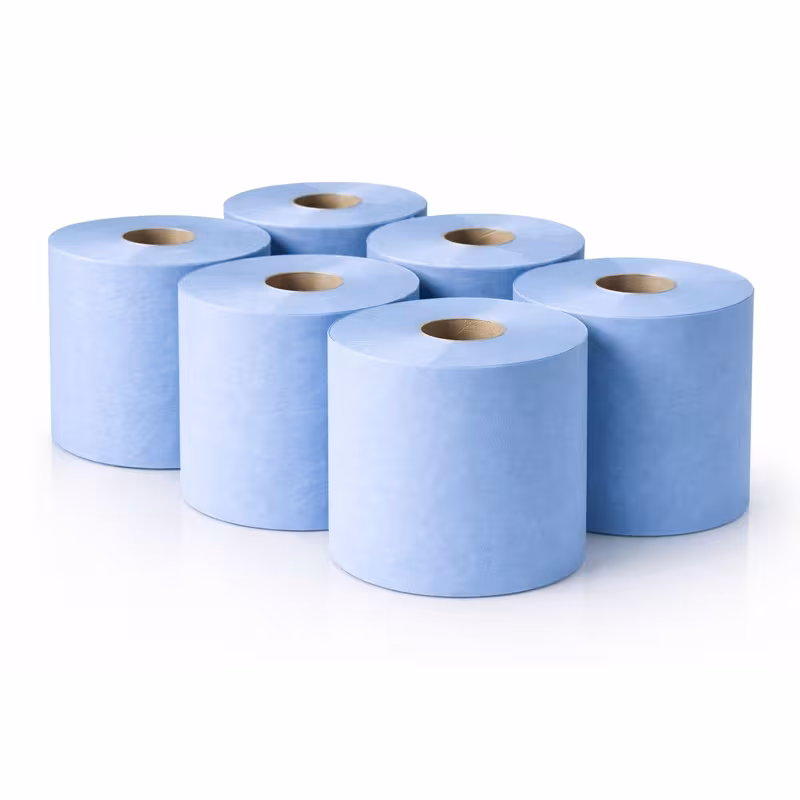 6 x Centrefeed Blue Rolls | 2 Ply Embossed Paper Towels | 110m | Strong & Absorbent | Perfect for Commercial & Kitchen Use Cleaning 6 A pyramid stack of five blue centerfeed paper towels rolls with a sixth roll sitting in front, showcasing its embossed texture and easy-tear paper edge.