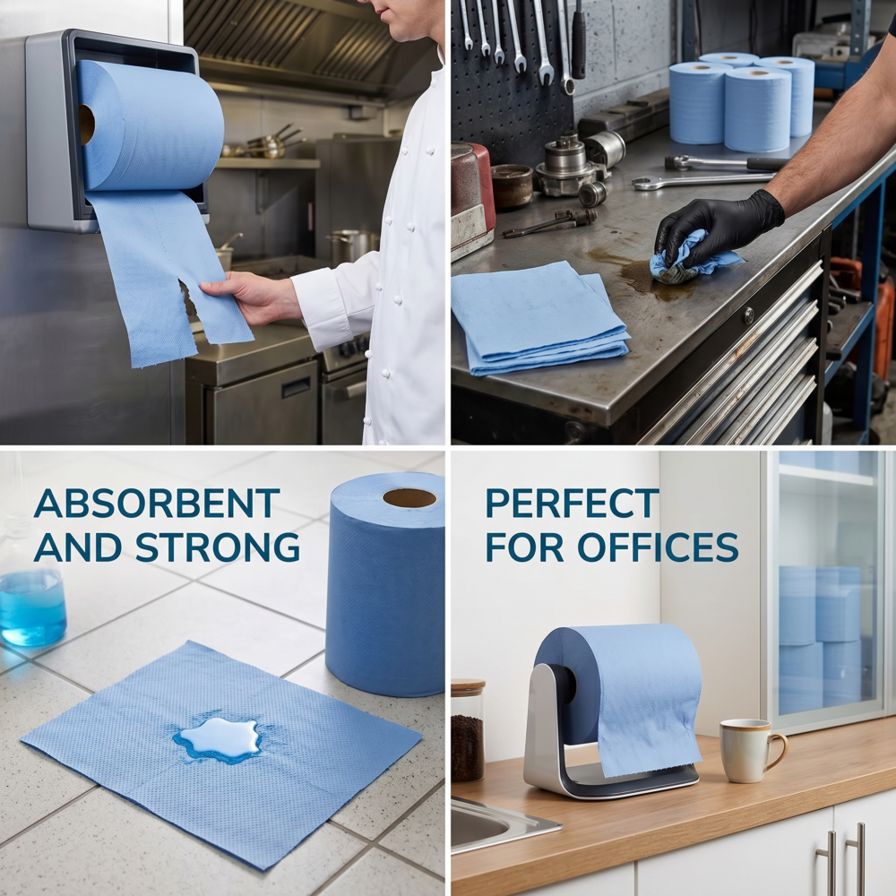 6 x Centrefeed Blue Rolls | 2 Ply Embossed Paper Towels | 110m | Strong & Absorbent | Perfect for Commercial & Kitchen Use Cleaning 2 This four-panel image highlights the utility of blue paper towels. Panel one shows a chef dispensing a towel in a kitchen, panel two a mechanic cleaning an engine,
