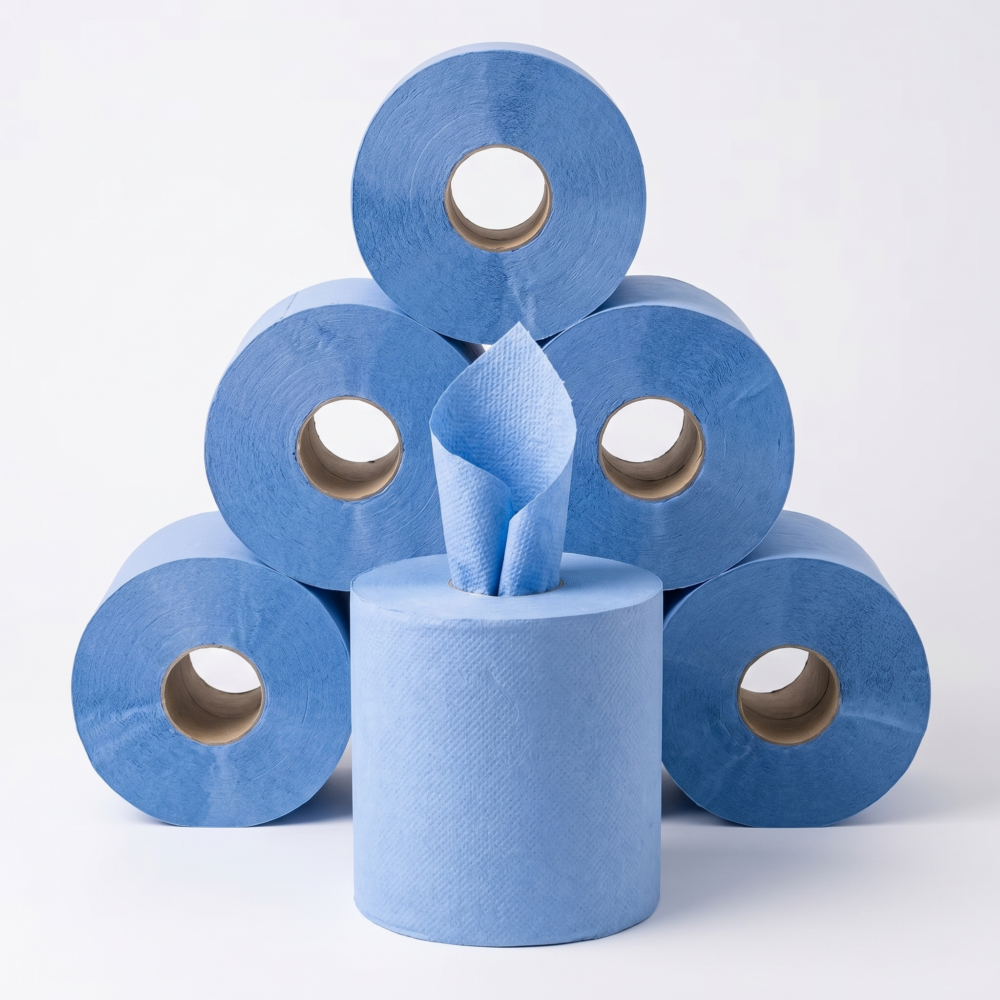 6 x Centrefeed Blue Rolls | 2 Ply Embossed Paper Towels | 110m | Strong & Absorbent | Perfect for Commercial & Kitchen Use Cleaning 1 Five blue centerfeed paper towels rolls stacked in a pyramid with one roll centered in front, feeding paper upward from its core against a clean studio backdrop.