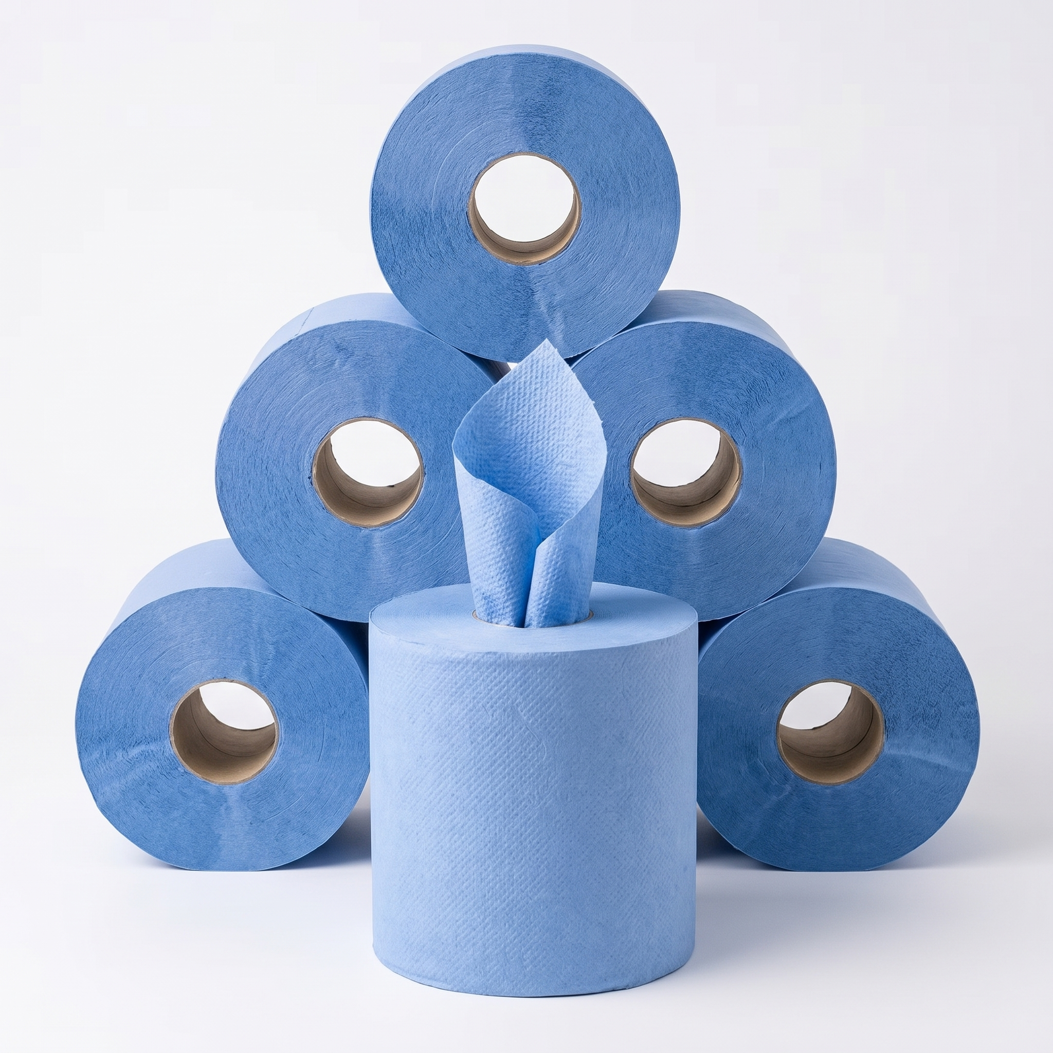 6 x Centrefeed Blue Rolls | 2 Ply Embossed Paper Towels | 110m | Strong & Absorbent | Perfect for Commercial & Kitchen Use Cleaning 1 Five blue centerfeed paper towels rolls stacked in a pyramid with one roll centered in front, feeding paper upward from its core against a clean studio backdrop.