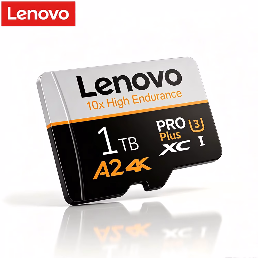 An official red retail blister pack displaying the complete Lenovo Memory Card Micro SD (64GB - 1TB) family. The packaging contains one enclosed full-sized SD adapter sleeve and five loose, fanned microSDXC chips clearly labeled 1TB, 512GB, 256GB, 128GB, and 64GB. Prominent badges indicate 'A2' application speed, '4K Ultra HD' video capability, and 'Up to 100MB/s' transfer speeds.