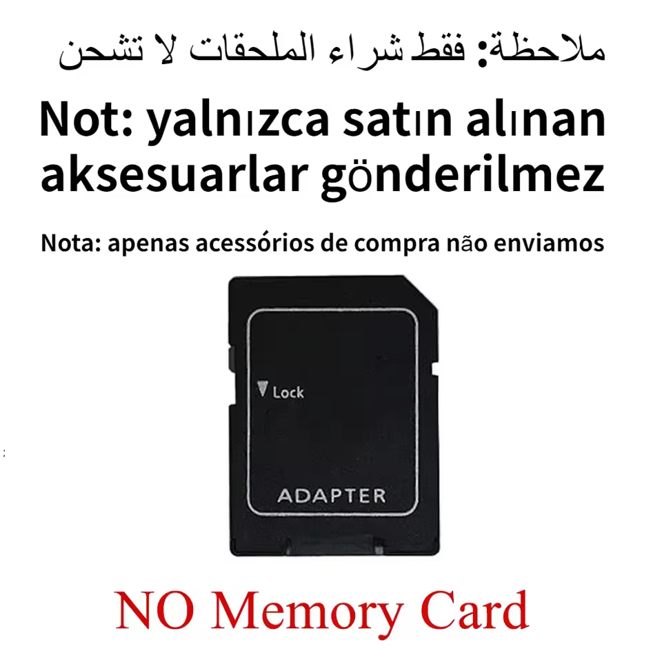 Ultimate Gaming Expansion:128GB-256GB-512GB-1TB-2TB Memory Card Memory Card Micro SDXC | V30 Class 10 High-Speed TF Card for Nintendo Switch & Consoles 12 Two informational product graphics for a black MicroSD to SD card adapter. The first graphic shows a high tech 3D diagram explaining adapter functionality like high speed reads and 4K video transfers. The second graphic displays the standalone adapter shell with a bold red warning label at the bottom reading NO Memory Card. Both images feature multilingual text at the top in Arabic, Turkish, and Portuguese explaining shipping rules for accessories.