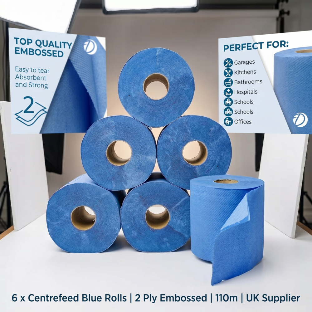 6 x Centrefeed Blue Rolls | 2 Ply Embossed Paper Towels | 110m | Strong & Absorbent | Perfect for Commercial & Kitchen Use Cleaning 4 A stack of six vibrant blue centerfeed paper towels rolls are displayed on a white surface with informational graphics, highlighting their "Top Quality Embossed" features and suitability for various commercial settings.
