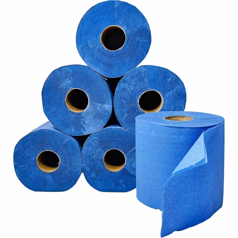 6 x Centrefeed Blue Rolls | 2 Ply Embossed Paper Towels | 110m | Strong & Absorbent | Perfect for Commercial & Kitchen Use Cleaning 8 A clean studio shot showcasing six light blue centerfeed paper towels rolls standing upright, fading into a crisp white reflective background.