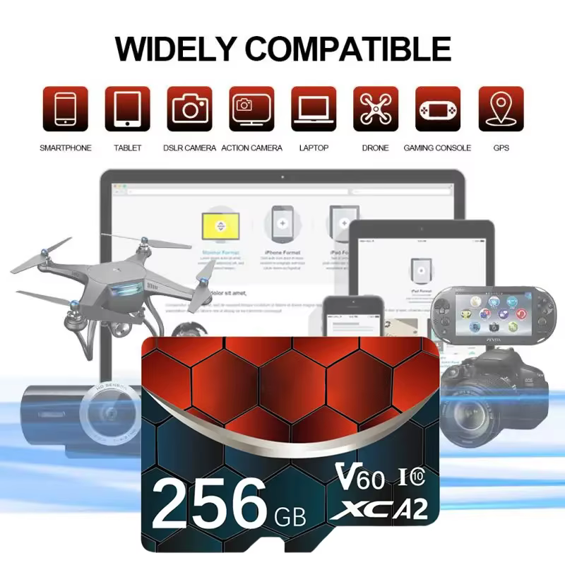 Ultimate Gaming Expansion:128GB-256GB-512GB-1TB-2TB Memory Card Memory Card Micro SDXC | V30 Class 10 High-Speed TF Card for Nintendo Switch & Consoles 13 A multi panel graphic showcasing a high performance memory card series from 128GB up to 2TB capacity. One section features a step by step tutorial demonstrating how to slide a micro card into a black SD adapter and plug it into a laptop. Other sections highlight durability features like water resistance and show direct compatibility with smartphones, drones, security cameras, and laptops.