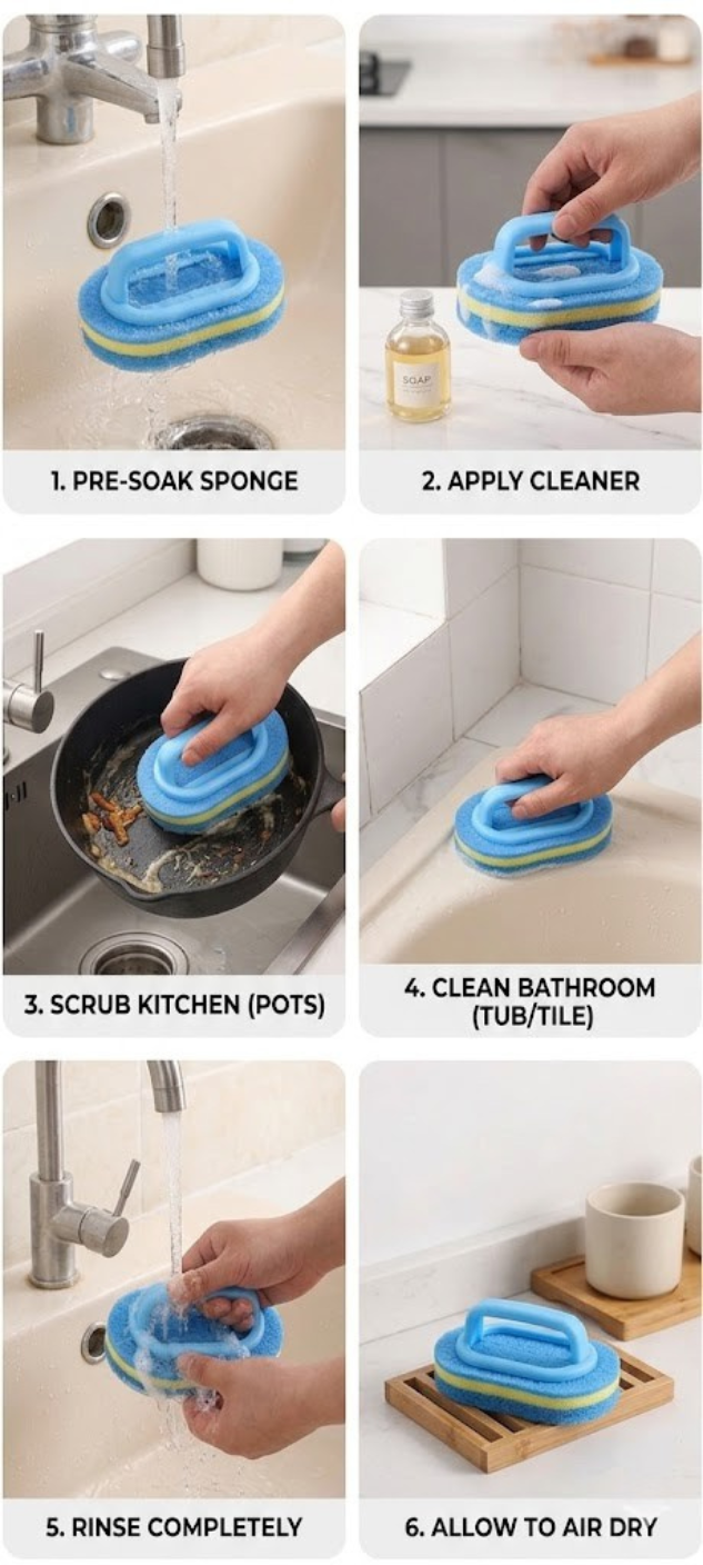Ultimate Cleaning Brush Pot Bathtub Ergonomic Handheld Cleaning Brush | Heavy-Duty Scrubber for Pots & Bathtubs 11 A four-panel instructional infographic for a multi-layered (blue, white, yellow) handheld sponge brush with a comfort handle. Steps show: 1. Pre-soaking the yellow sponge under a flowing sink tap. 2. Applying liquid soap from a glass bottle to the blue scrub side. 3. Scrubbing heavy grease from a cast iron pot with thick suds in a sink. 4. Polishing the ceramic corner grout and basin of a modern bathtub. White arrows show the full usage cycle.
