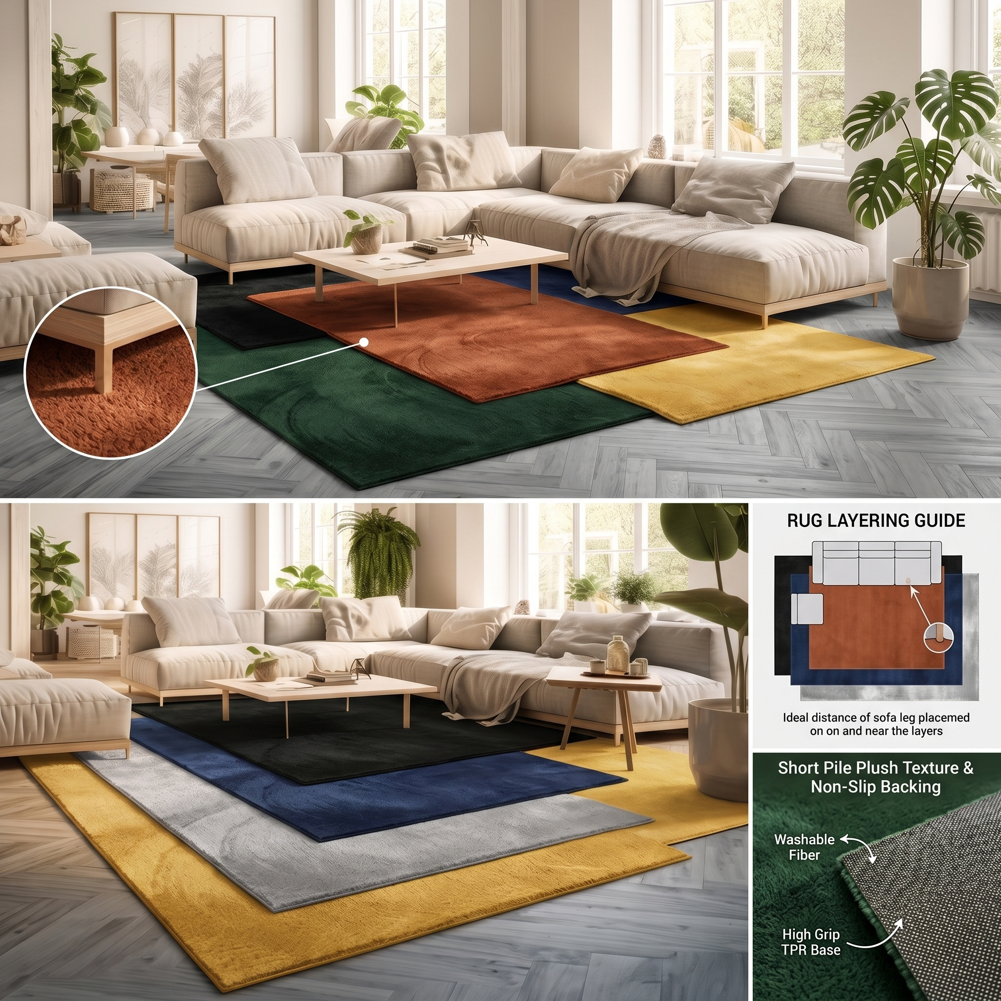 exclusive Modern Living Room Rug – Washable Short Pile Area Rug | Stain-Resistant & Non-Slip Premium Polyester 18 An informational product infographic showing a modern living room split into two primary staging examples where various colorful area rugs are layered under a cream sectional sofa alongside a diagram detailing ideal sofa leg placement and a close up look at the non slip high grip TPR backing and washable fiber texture