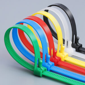 Six Plastic Reusable Cable Zip Ties in green, blue, red, yellow, white, and black colors, arranged in a row to show their adjustable locking heads and release levers.