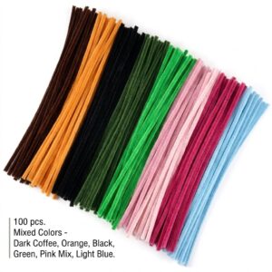 A side-by-side organized bundle of 100pcs plush stick twisting bar chenille stems wire showcasing a mixed colors palette with dark coffee, orange, black, dark green, light green, light pink, dark pink, and light blue on a crisp white background.
