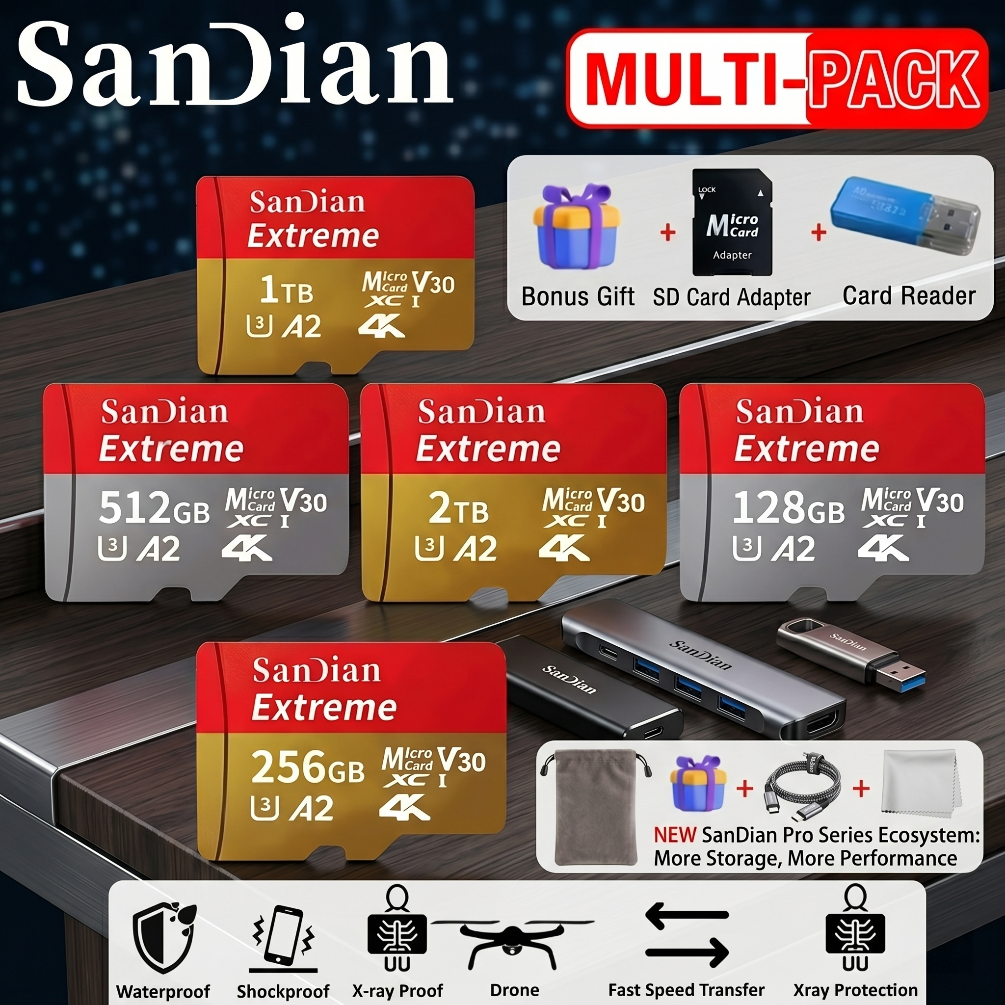 High-Speed sandian Memory Card | 128GB 256GB 512GB Micro TF Flash Card V30 Class 10 | Ultra-Durable Storage for PC, Mac, and Security Cameras 2 SanDian Extreme Micro TF memory cards in different sizes: 128GB (red/silver), 256GB (red/gold), and 512GB (red/gold). They are fanned out on a metallic surface near a laptop. Included are images of a free gift box, an SD card adapter, and a blue USB 3.0 card reader. Below the cards, bullet points list "Ultra-Durability" and speed ratings. At the bottom, a row of five feature icons: "Waterproof," "Shockproof," "Professional Camera," "X-ray Protection," and "Drone Ready."