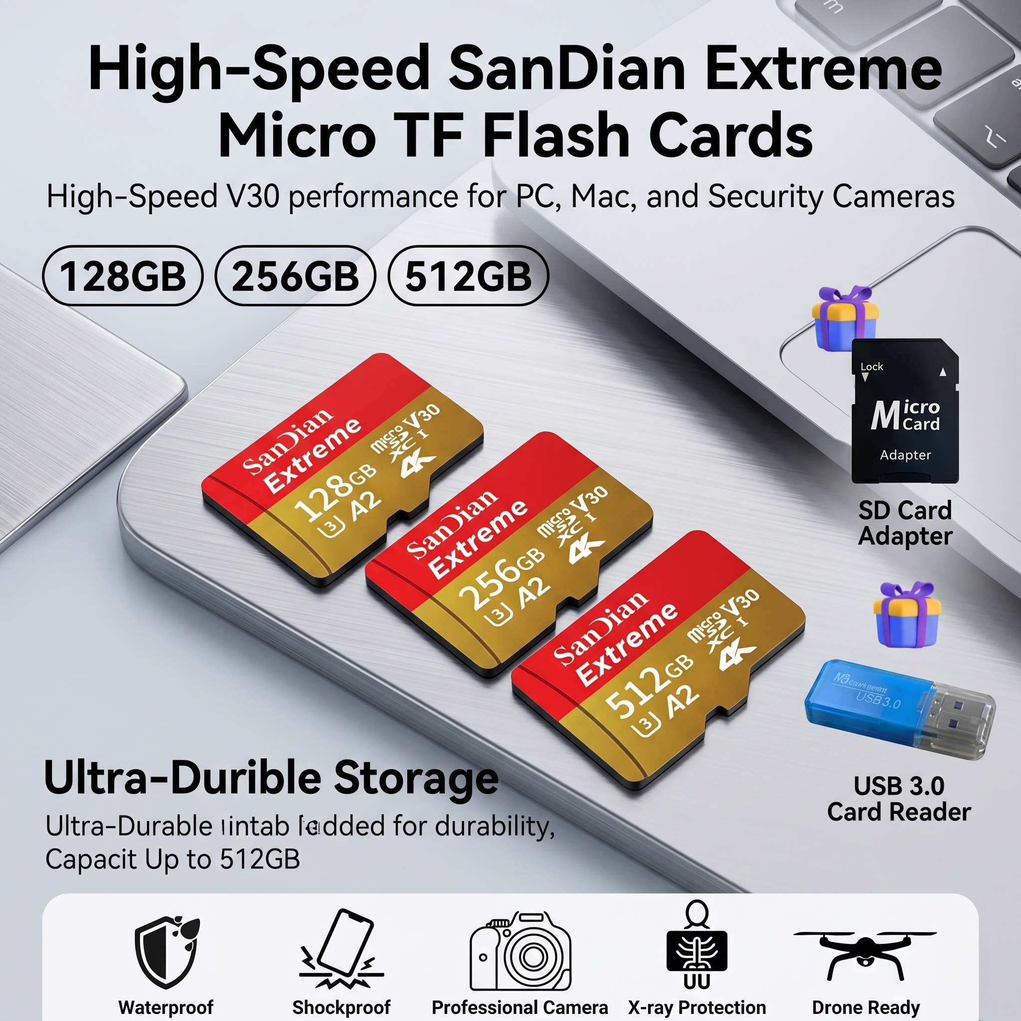 High-Speed sandian Memory Card | 128GB 256GB 512GB Micro TF Flash Card V30 Class 10 | Ultra-Durable Storage for PC, Mac, and Security Cameras 12 SanDian Extreme Micro TF Flash Cards based on the file mrali High-Speed sandian Memory Card _2.jpg. The image shows three memory cards in 128GB, 256GB, and 512GB storage capacities arranged diagonally on a silver laptop. To the right, an SD Card Adapter and a blue USB 3.0 Card Reader are displayed alongside purple gift box icons. The bottom banner features five durability icons labeled Waterproof, Shockproof, Professional Camera, X-ray Protection, and Drone Ready.