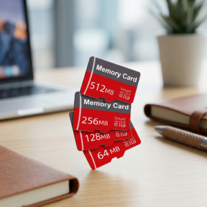 Four industrial micro SD units from a small capacity memory card multi pack stacked vertically in a cascading line on a light wooden desk showing capacities of sixty four megabytes up to five hundred twelve megabytes with a blurry office laptop and plant in the background