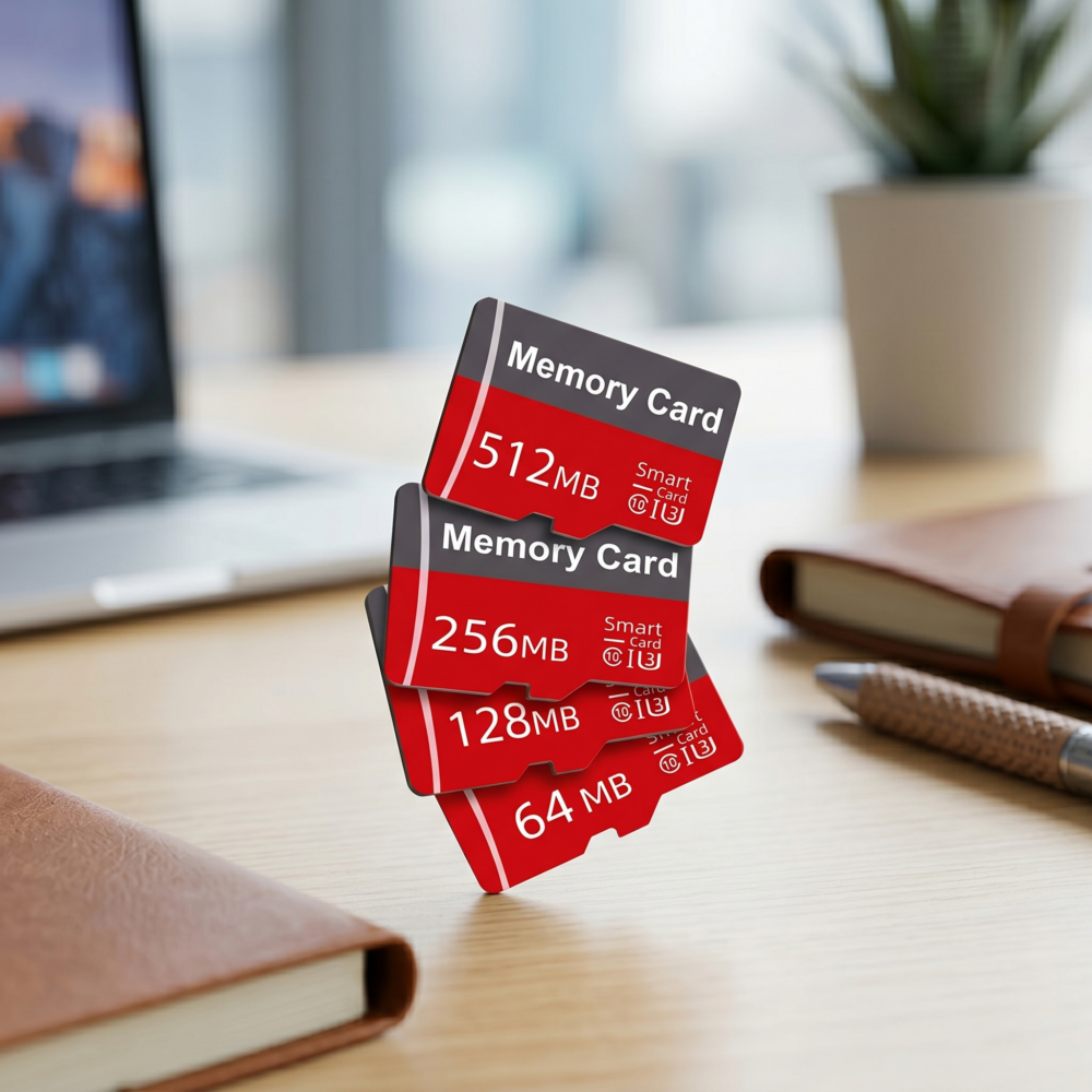 Four industrial micro SD units from a small capacity memory card multi pack stacked vertically in a cascading line on a light wooden desk showing capacities of sixty four megabytes up to five hundred twelve megabytes with a blurry office laptop and plant in the background