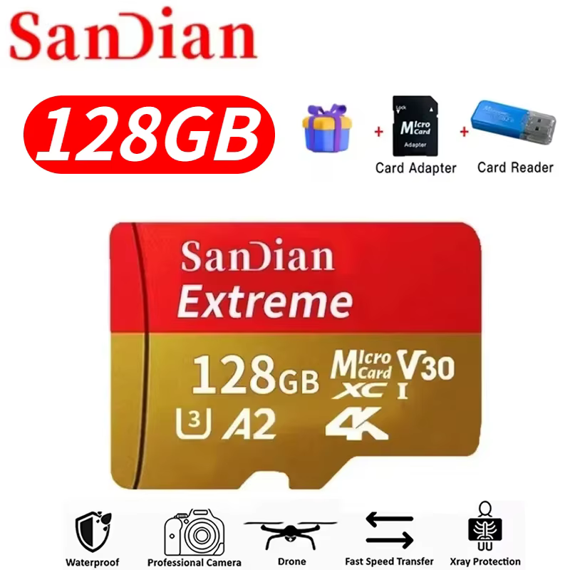 High-Speed sandian Memory Card | 128GB 256GB 512GB Micro TF Flash Card V30 Class 10 | Ultra-Durable Storage for PC, Mac, and Security Cameras 6 the SanDian Extreme 128GB Micro TF Flash Card based on the source file mrali sandian memory card 128GB_3.avif. At the top, the SanDian logo sits next to a large red oval labeled "128GB", a small blue gift box icon, a black Micro SD Card Adapter, and a blue USB Card Reader. The center features a close-up of the red and gold 128GB memory card with V30, U3, A2, and 4K speed ratings. The bottom displays five feature icons: Waterproof, Professional Camera, Drone, Fast Speed Transfer, and X-ray Protection.