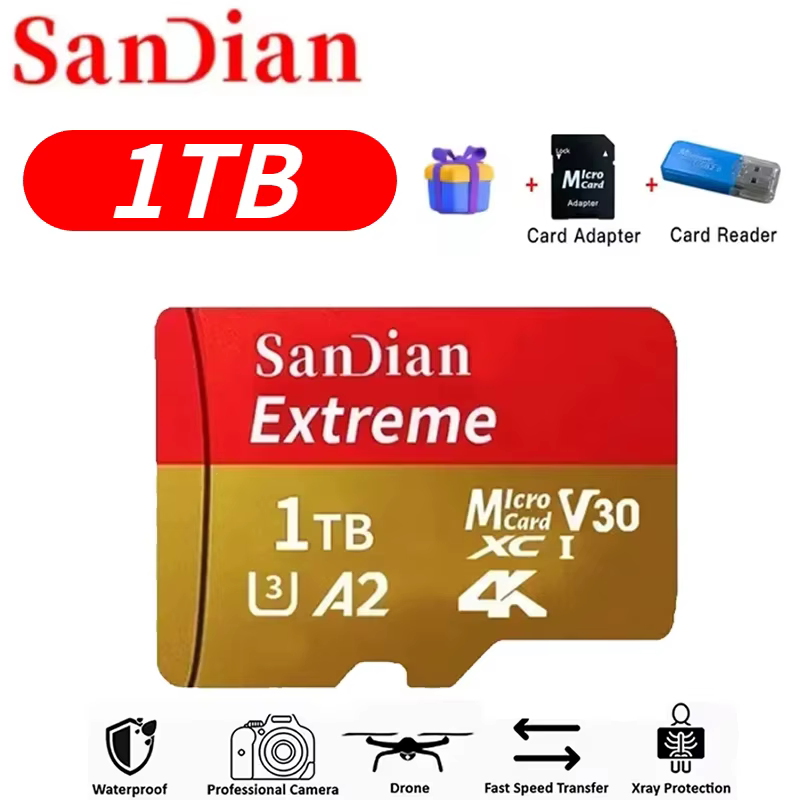 High-Speed sandian Memory Card | 128GB 256GB 512GB Micro TF Flash Card V30 Class 10 | Ultra-Durable Storage for PC, Mac, and Security Cameras 4 the SanDian Extreme 1TB Micro TF Flash Card. The top section displays the red SanDian brand name alongside a large red oval highlighting "1TB", followed by icons for a blue 3D bonus gift box, a black Micro SD Card Adapter, and a blue USB Card Reader. Centered is a prominent close-up graphic of the red and gold 1TB TF memory card with visible V30, U3, A2, and 4K speed ratings. The bottom contains five durability and device feature icons: Waterproof, Professional Camera, Drone, Fast Speed Transfer, and X-ray Protection.