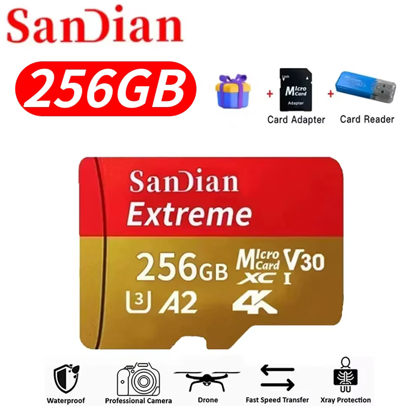 High-Speed sandian Memory Card | 128GB 256GB 512GB Micro TF Flash Card V30 Class 10 | Ultra-Durable Storage for PC, Mac, and Security Cameras 7 the SanDian Extreme 256GB Micro TF Flash Card based on the source file mrali sandian memory card 256gb_3.avif. The upper portion displays the SanDian brand name next to a bold red capsule reading "256GB", followed by icons for a 3D bonus gift box, a black Micro SD Card Adapter, and a blue USB Card Reader. Centered is a detailed close-up of the red and gold 256GB TF memory card with visible V30, U3, A2, and 4K capability logos. The bottom lists performance and durability badges: Waterproof, Professional Camera, Drone, Fast Speed Transfer, and X-ray Protection.