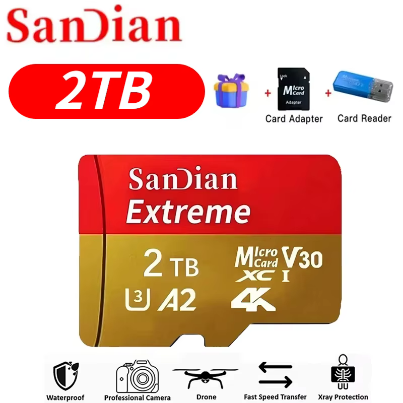 High-Speed sandian Memory Card | 128GB 256GB 512GB Micro TF Flash Card V30 Class 10 | Ultra-Durable Storage for PC, Mac, and Security Cameras 5 the SanDian Extreme 2TB Micro TF Flash Card. The top section displays the red SanDian brand name alongside a large red oval highlighting "2TB", followed by icons for a blue 3D bonus gift box, a black Micro SD Card Adapter, and a blue USB Card Reader. Centered is a prominent close-up graphic of the red and gold 2TB TF memory card with visible V30, U3, A2, and 4K speed ratings. The bottom contains five durability and device feature icons: Waterproof, Professional Camera, Drone, Fast Speed Transfer, and X-ray Protection.