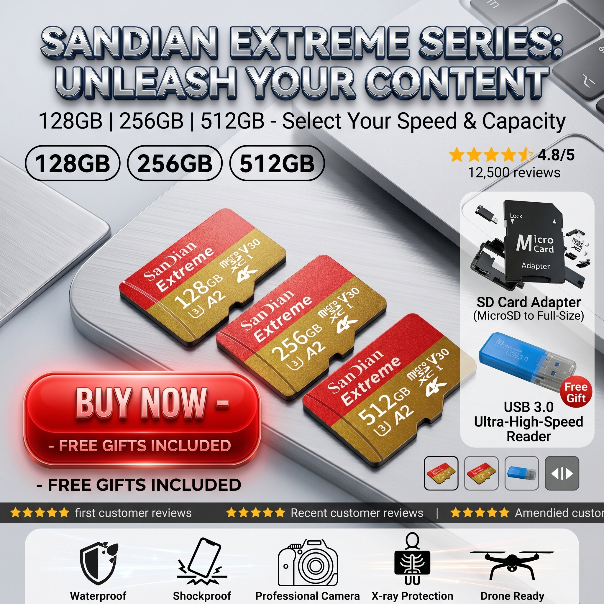 High-Speed sandian Memory Card | 128GB 256GB 512GB Micro TF Flash Card V30 Class 10 | Ultra-Durable Storage for PC, Mac, and Security Cameras 11 E-commerce infographic for SanDian Extreme Micro TF Flash Cards showcasing three storage capacities: 128GB, 256GB, and 512GB arranged on a laptop palm rest. Includes icons and titles for included accessories: an SD Card Adapter and a blue USB 3.0 Card Reader with small gift box graphics. A bottom banner displays durability feature icons: Waterproof, Shockproof, Professional Camera, X-ray Protection, and Drone Ready.