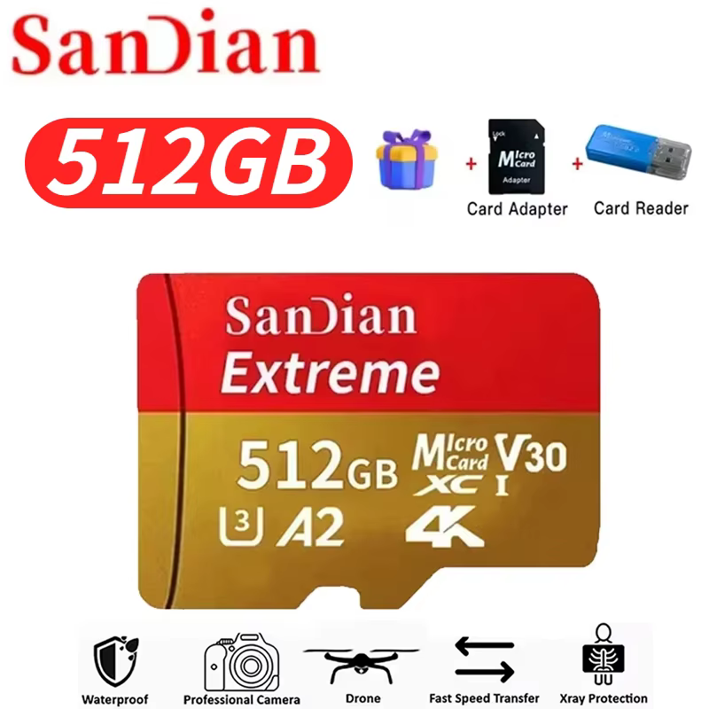 High-Speed sandian Memory Card | 128GB 256GB 512GB Micro TF Flash Card V30 Class 10 | Ultra-Durable Storage for PC, Mac, and Security Cameras 8 Unlock expansive storage potential with the SanDian Extreme 512GB Micro TF Flash Card. Tailored to match the layout shown in mrali sandian memory card 512gb_3.avif, this clean e-commerce visual summarizes pro-tier storage performance alongside crucial data protection ratings and free essential hardware add-ons.