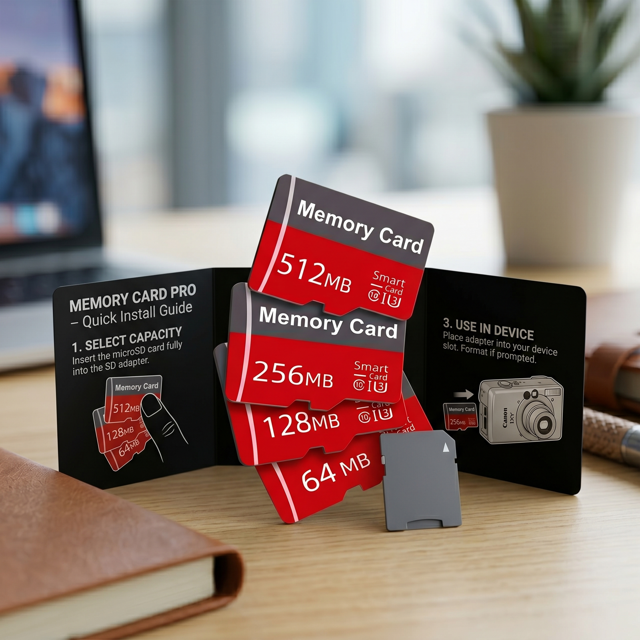 practical Small Capacity Memory Card Multi-Pack | 64MB to 512MB Industrial Micro SD Cards for Legacy Devices & Automation 9 A cascading pile of four red and grey micro SD storage cards from the small capacity memory card kit propped up against an unfolded black user manual booklet on a wooden table near a brown leather notebook