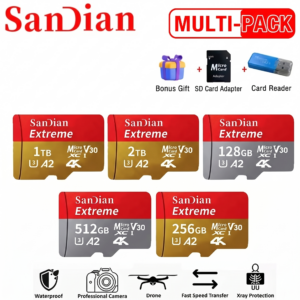 Promotional sales banner for SanDian Extreme Series memory cards showing 128GB, 256GB, and 512GB Micro SD cards. It features a large red "BUY NOW - FREE GIFTS INCLUDED" button, a 4.8 out of 5 stars review rating badge with 12,500 reviews, and a customer testimonial strip. Accessories include an SD Card Adapter and a USB 3.0 High-Speed Reader marked as a free gift. Durability icons are arranged at the bottom.